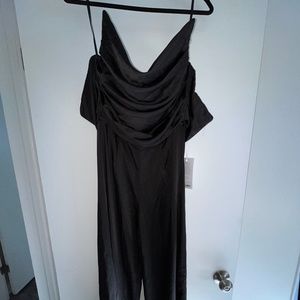 BLACK SATIN JUMPSUIT WITH DRAPED CORSET BODICE